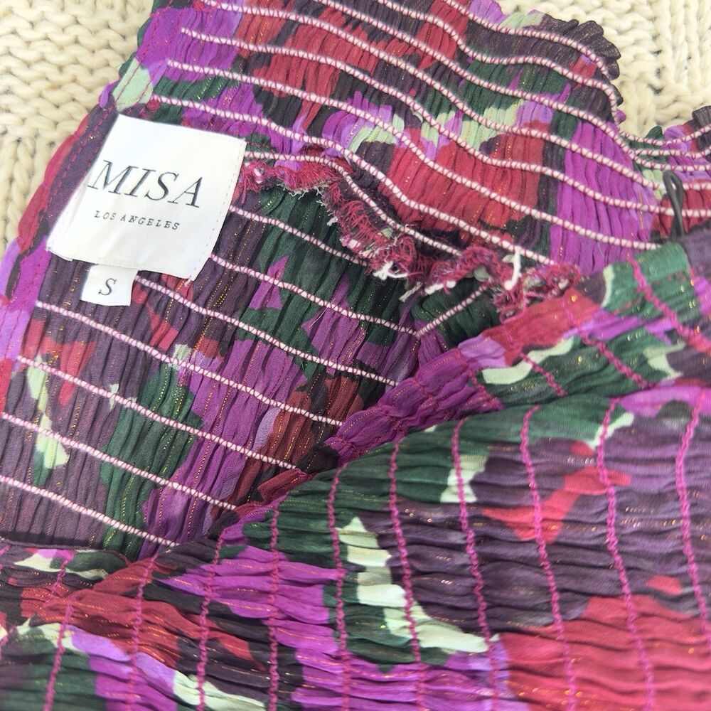 MISA Los Angeles Jessa Dress S Pink Purple Floral Lurex Smocked Mini Mock Neck - Picture 4 of 10